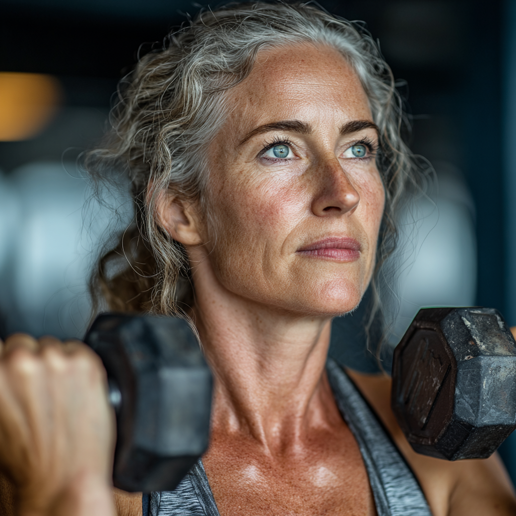 Mature woman in her 50s doing strength training exercises with dumbbells in a modern gym, wearing athletic wear and focused on her workout routine